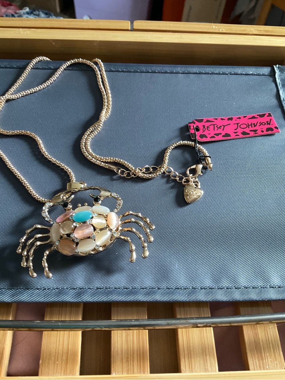 Betsey Johnson Gold Colored Crab Pendant Necklace w/ Colorful Accent Stones